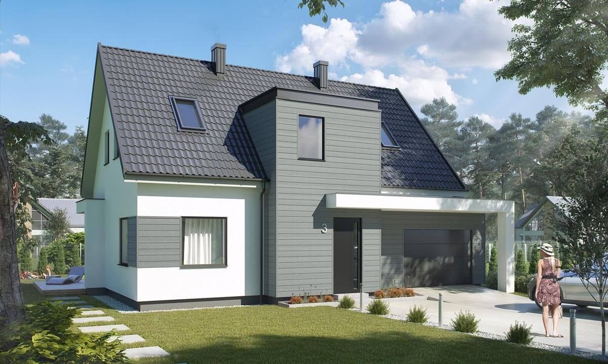 Der Erker dieses Einfamilienhauses wurde mit hellgrauen Paneelen vom Haupthaus abgesetzt.