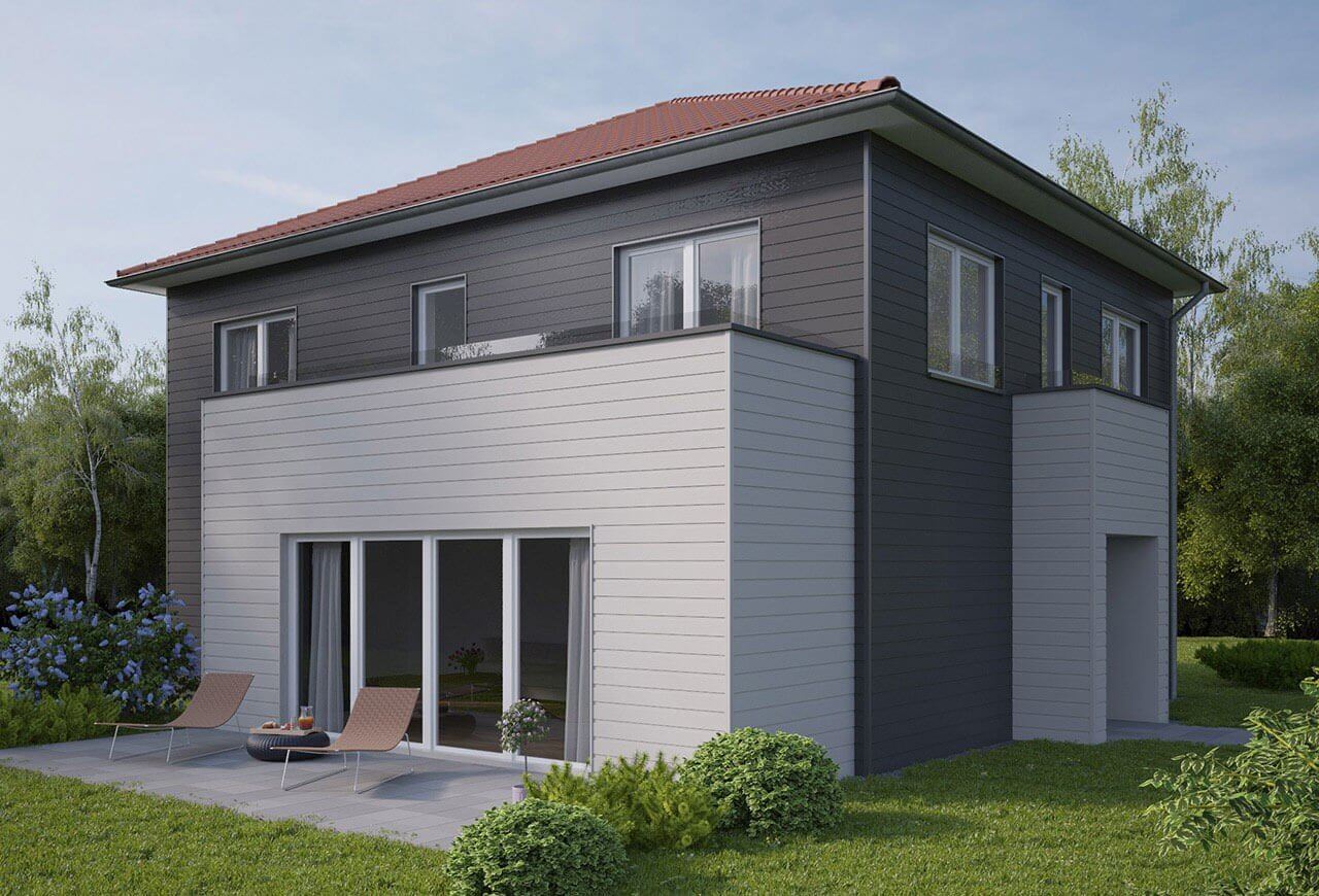 Holzfassade VinyTop in den Farben Hellgrau und Basaltgrau.