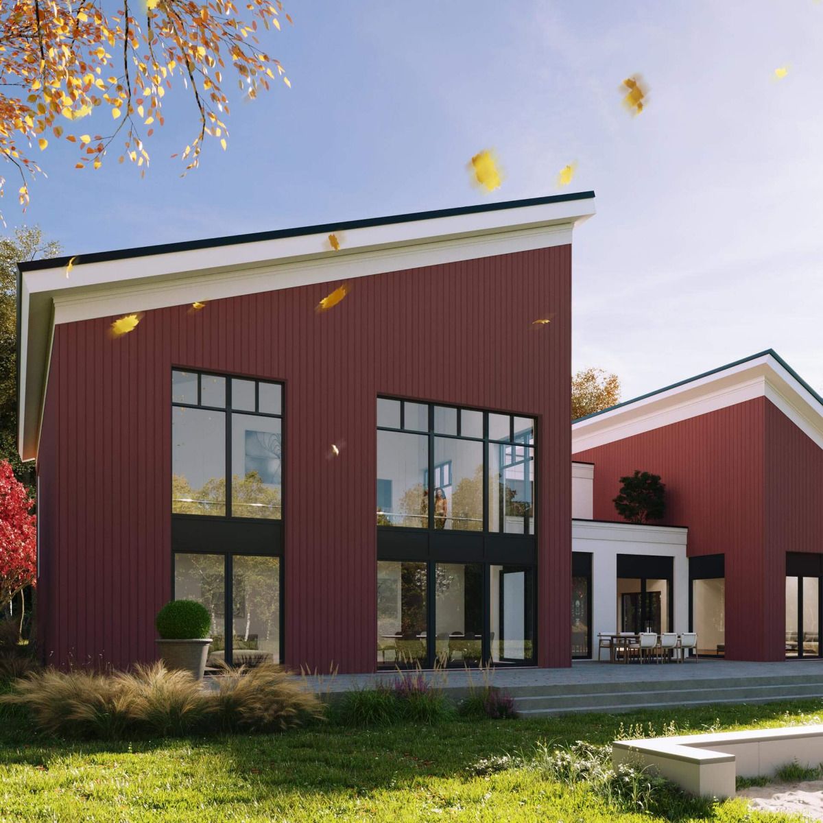 Landhaus mit roter Fassade. Vinyplus Paneele waagerecht verlegt.