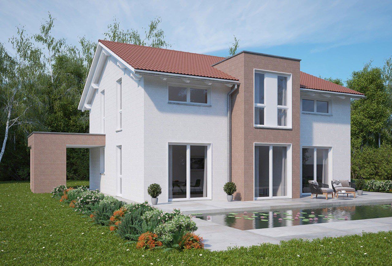 VinyStone Fassadenpaneele 1200mm in den Farben Alpin und Bordeaux.