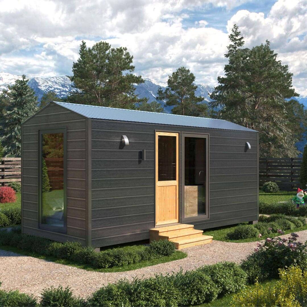 Ein TinyHouse mit vinyTop Fassadenpaneelen. Die Profilkontur und Oberfläche entsprechen mit ihrer geprägten Holzmaserung einer traditionellen Stülpschalung